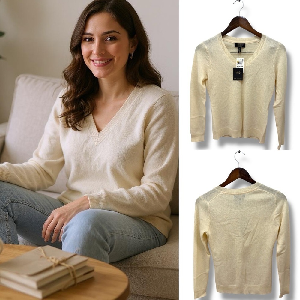 195 Charter Club Luxury | NWT Cream Cashmere V-neck Sweater (size S/M)